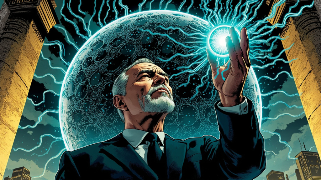 DC comic illustration of a dignified statesman in a dark suit placing a glowing seal onto a massive AI orb with cyan neural network tendrils.