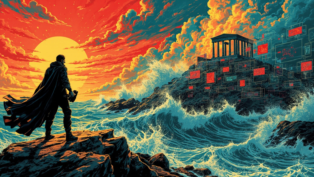 DC comic-style illustration of director Christopher Nolan on a Mediterranean cliff pushing back holographic AI screens, with Greek temple silhouette and crashing ocean waves