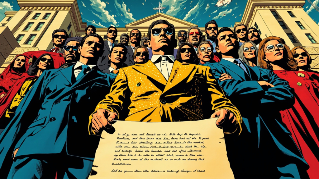 DC comic style illustration of 200 economists and AI researchers raising a unified warning about AI economic disruption