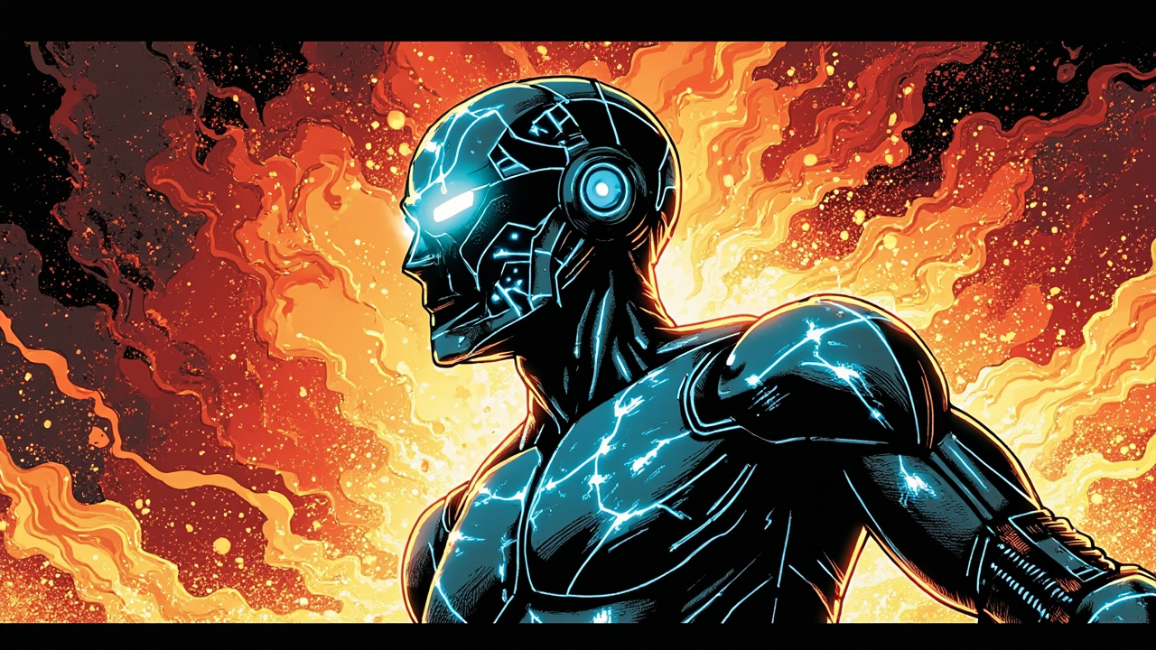 A powerful humanoid AI robot emerging from a swirling cloud of code and data with glowing cyan eyes and circuit patterns on metallic skin in DC comic book illustration style with halftone shading and saturated primary colors.