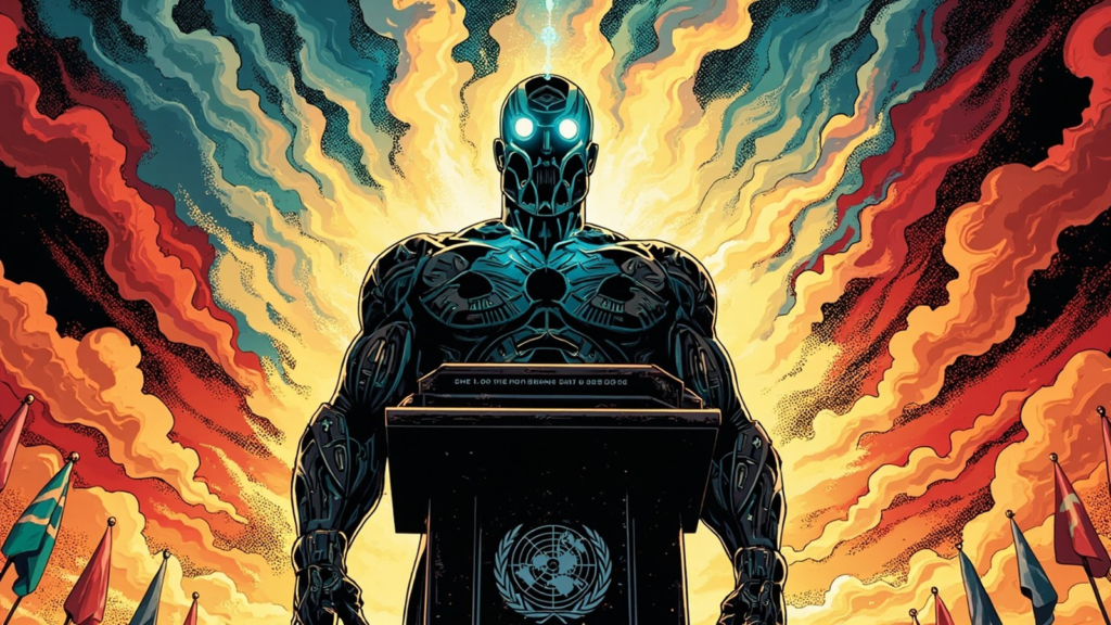 DC comic style hero illustration of a UN-style podium with glowing AI circuitry, world flags, and a 400-page report titled The Science Is Here rising into a dramatic sky