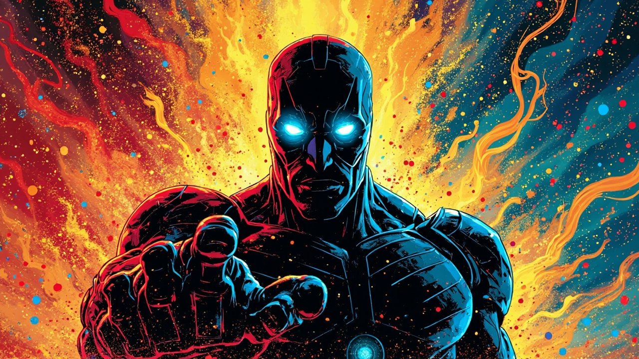 DC comic book style illustration of a powerful AI robot with glowing cyan eyes emerging from a swirling cloud of code and data