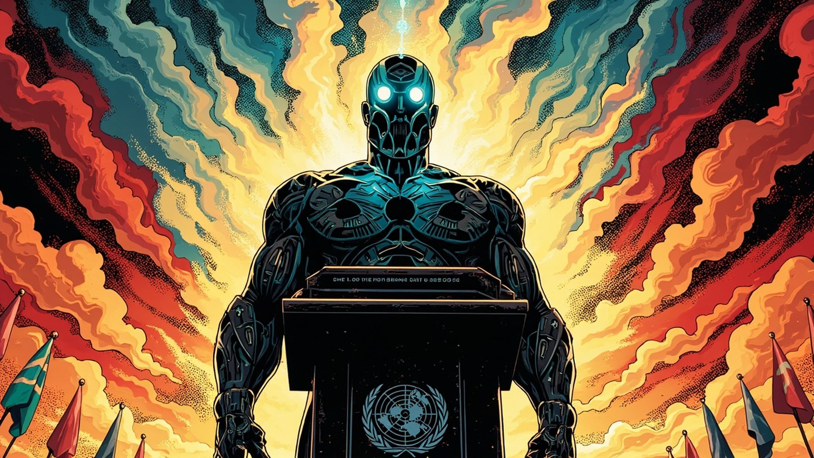 DC comic style hero illustration of a UN-style podium with glowing AI circuitry, world flags, and a 400-page report titled The Science Is Here rising into a dramatic sky