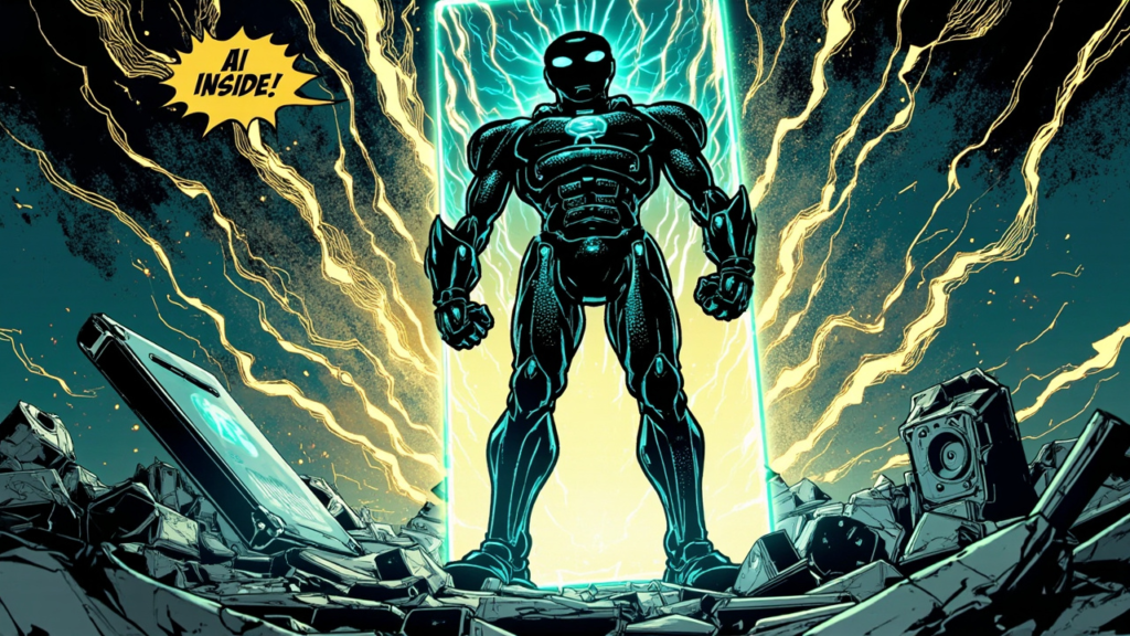 DC comic style humanoid AI robot emerging from a glowing smartphone screen, 'AI INSIDE!' speech bubble, dramatic cyan and gold lighting, smaller AI logos shattered at the feet