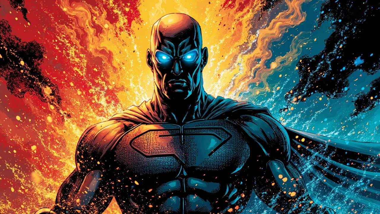 DC comic book hero illustration of a powerful AI robot emerging from a cloud of code and data with glowing cyan eyes, dramatic lighting, Microsoft-style enterprise tower in background