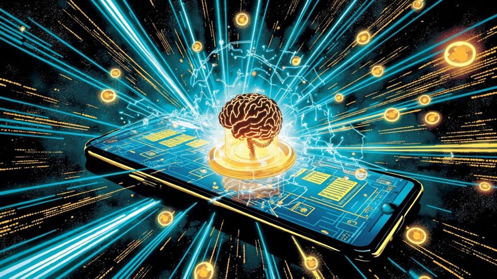 DC Comic style hero illustration of a smartphone with a holographic prediction market interface, showing probability bars, sports odds, and election contracts, with a glowing AI brain icon.