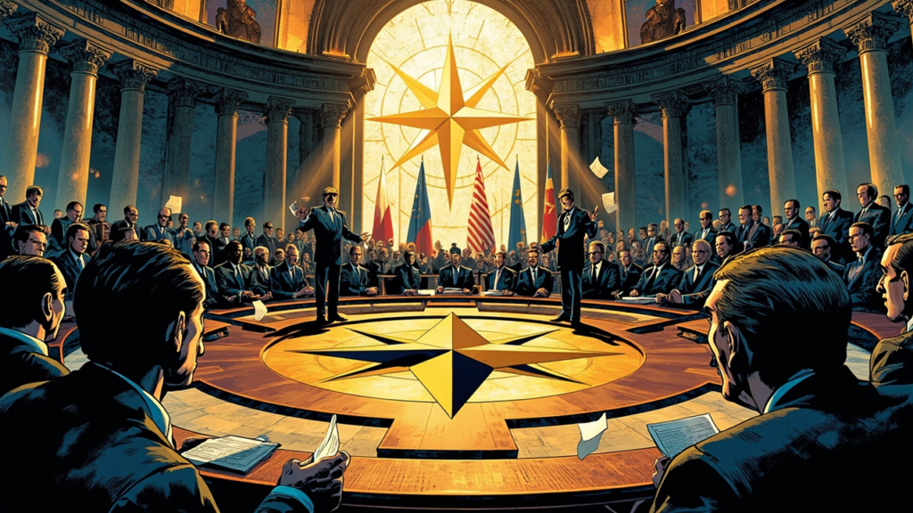 Anthropic and OpenAI logos flanking a NATO flag at the summit table with European delegates in the background, dramatic DC comic panel composition