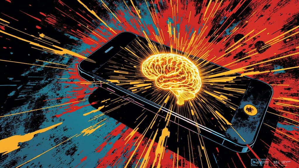 DC Comic hero illustration of Meta Muse Image: a glowing smartphone displaying an AI-generated image, surrounded by circuit patterns and brand-safety watermarks, set against a dramatic dynamic composition with bold halftone shading and saturated primary colors.