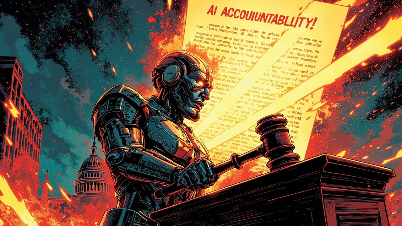 DC comic style humanoid robot judge with gavel representing Illinois AI Accountability Act