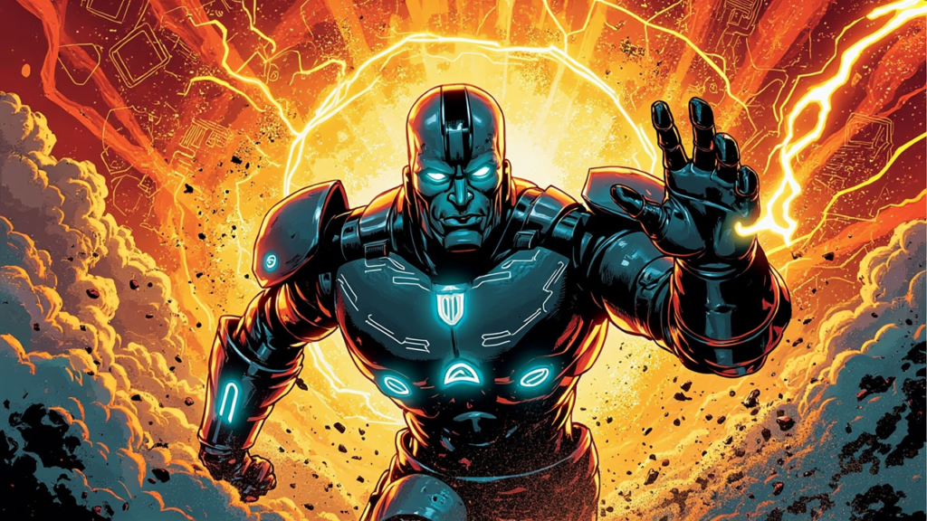 DC Comic hero illustration of a powerful humanoid AI robot emerging from swirling code clouds, glowing cyan eyes, circuit patterns on metallic skin, dynamic low-angle action pose