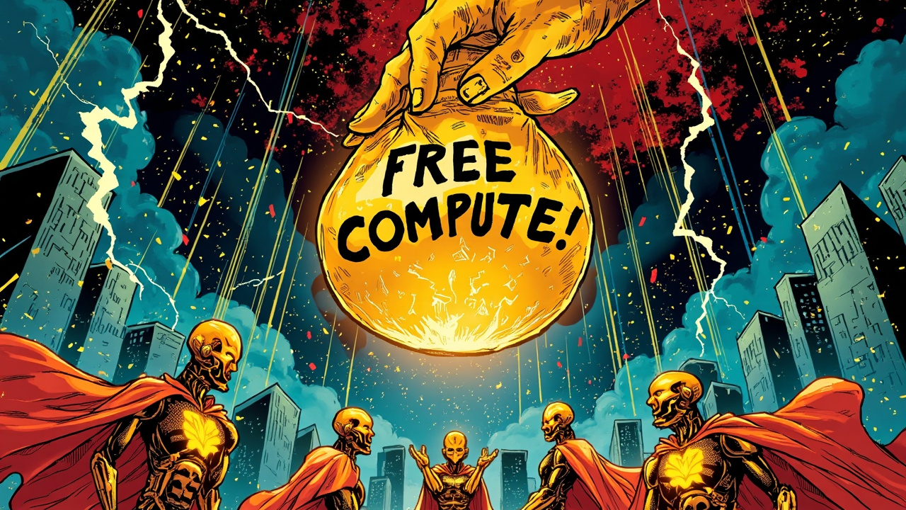 DC comic illustration of a giant golden hand labeled BIG TECH dropping a bag of money labeled FREE COMPUTE to AI robot startups below