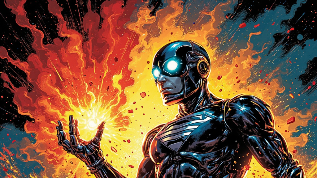 DC Comic style illustration: a powerful humanoid AI robot emerging from a swirling cloud of code and data with glowing cyan eyes, dramatic cel-shaded lighting against fiery red-orange flames.