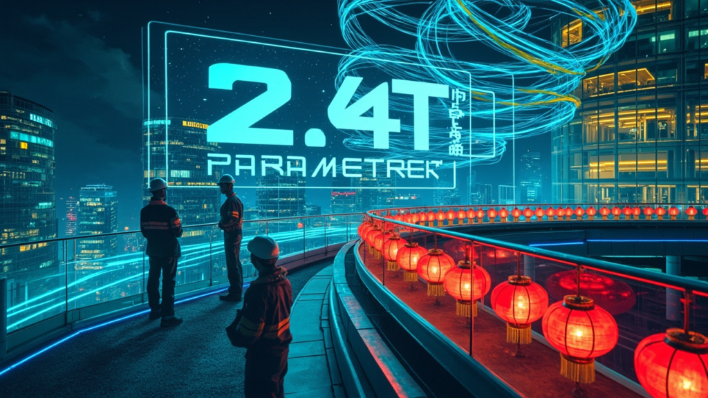 Hangzhou data center at night with holographic Qwen logo and 2.4T parameters counter.