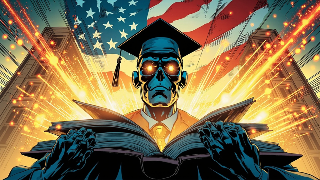 Heroic AI robot teacher in graduation cap with magic glowing textbooks floating from an open book in front of an American school