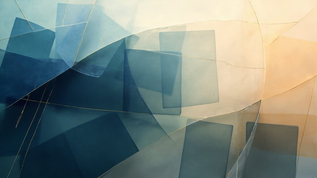 Abstract translucent rectangles in navy, slate blue and cream suggest protein folding structures being reassembled into a new geometric form, no text or logos.
