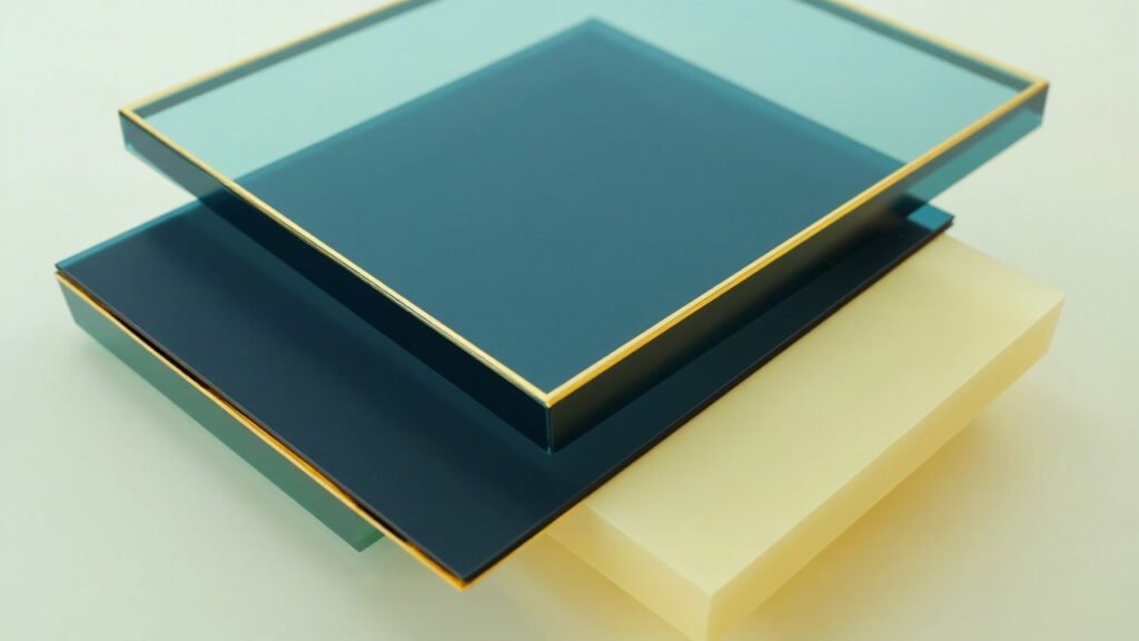 Abstract layered glass slabs in slate blue and navy tones suggesting a Washington policy meeting con