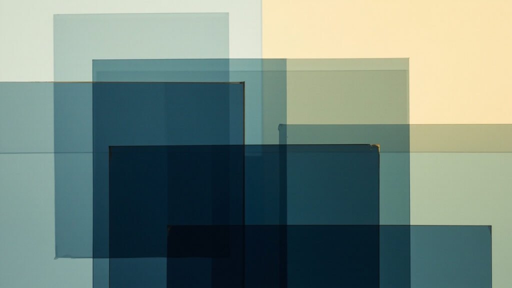 Abstract translucent rectangles in navy, slate blue, and cream with a thin gold accent line, no text or logos.