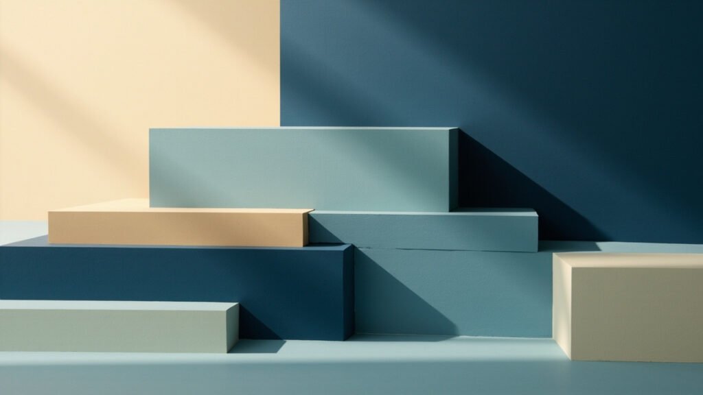Stack of blank rectangular slabs in institutional slate blue, navy, and cream with soft natural lighting, no text or logos.