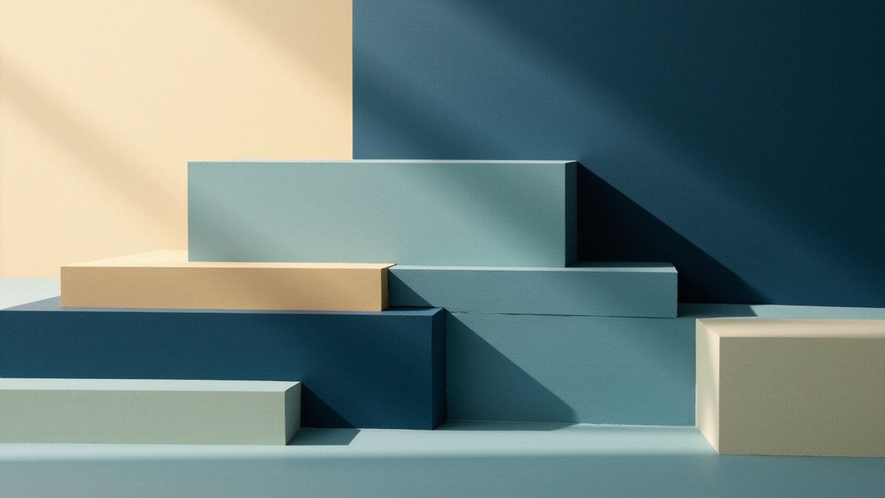 Stack of blank rectangular slabs in institutional slate blue, navy, and cream with soft natural lighting, no text or logos.