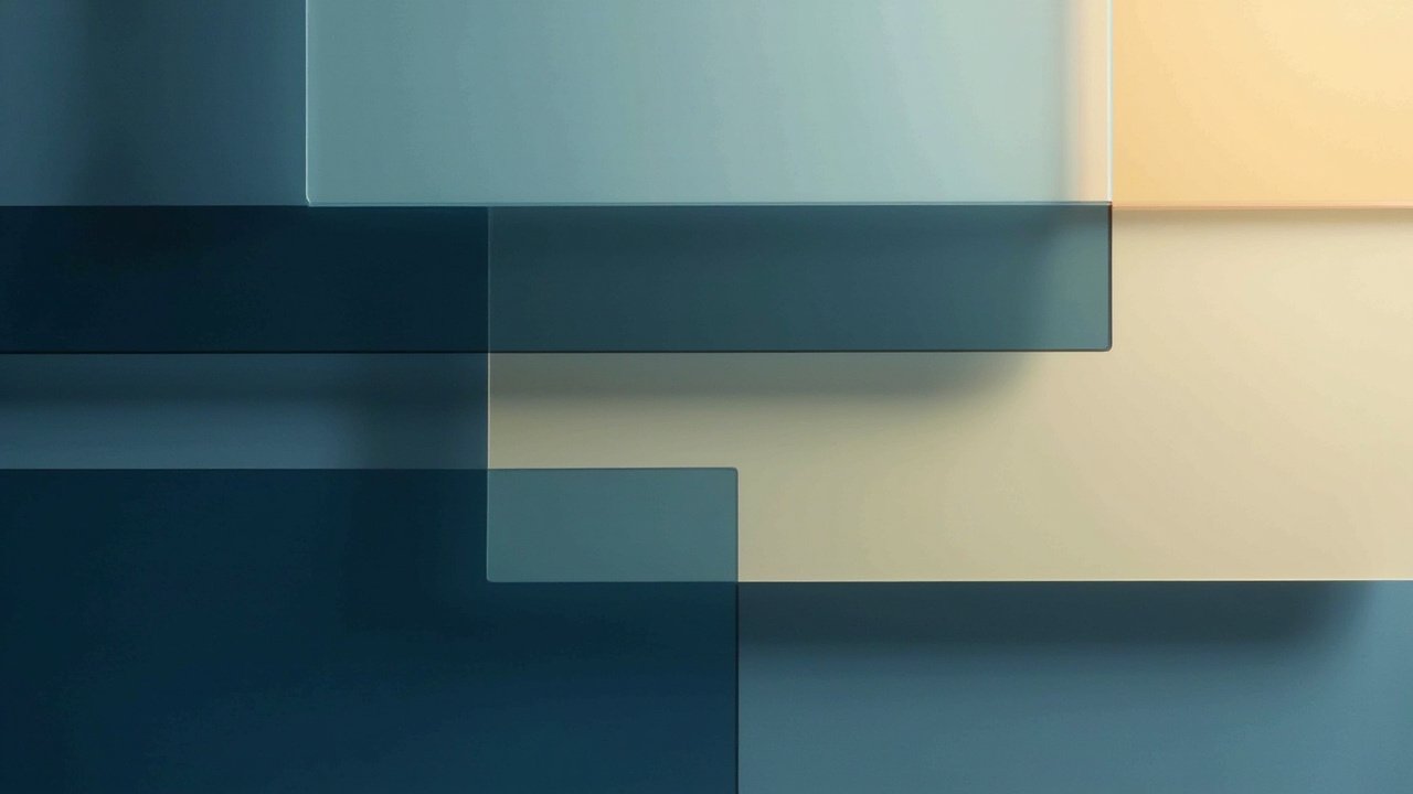 Abstract horizontal composition of overlapping translucent institutional-toned rectangular slabs evo