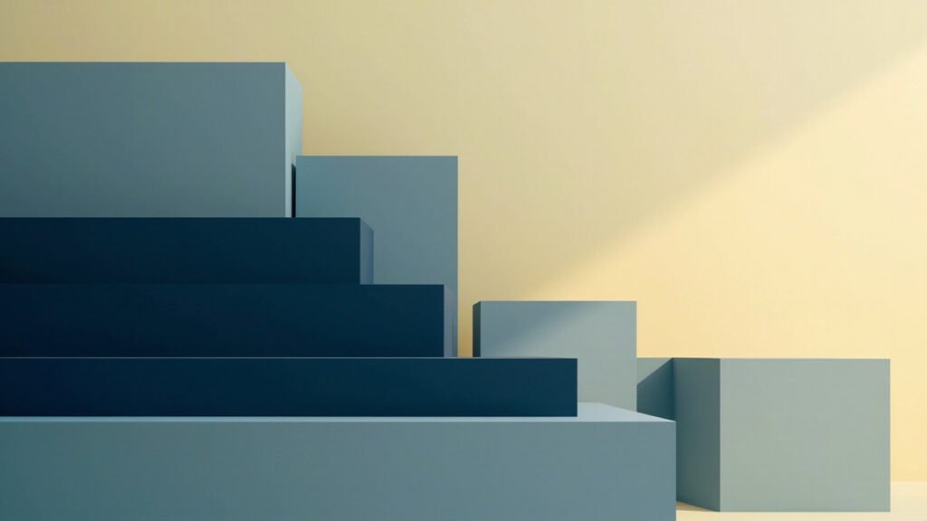 Stack of blank rectangular slabs in institutional slate blue, navy, and cream with soft natural lighting, no text or logos.