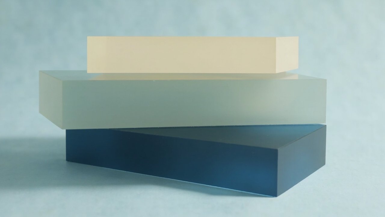 Stacked translucent cream and slate rectangular blocks with subtle navy shadows representing layered financial reporting