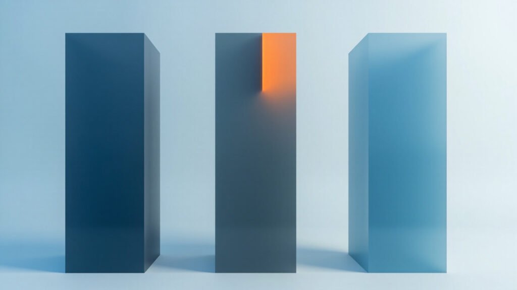 Abstract stack of translucent geometric blocks in cool tones evoking chip architecture and policy te