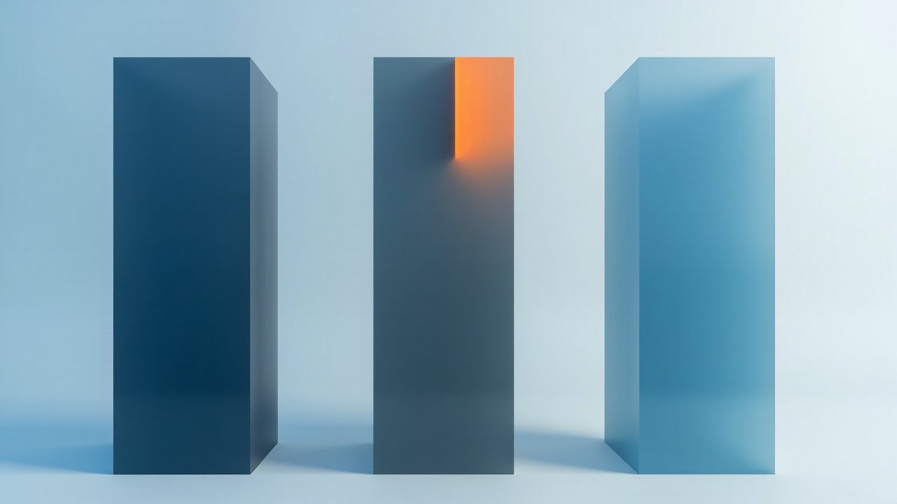 Abstract stack of translucent geometric blocks in cool tones evoking chip architecture and policy te