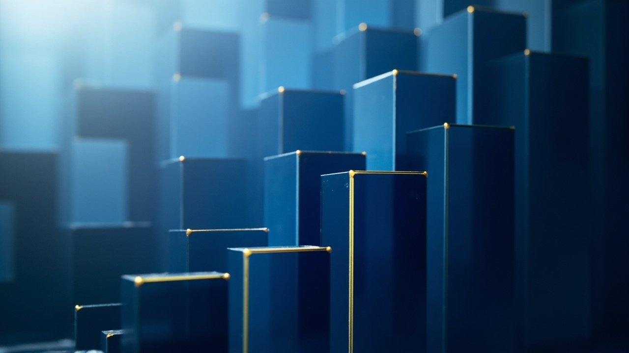 Tall translucent navy and slate blue rectangular blocks with a single thin gold accent line, no text or logos.