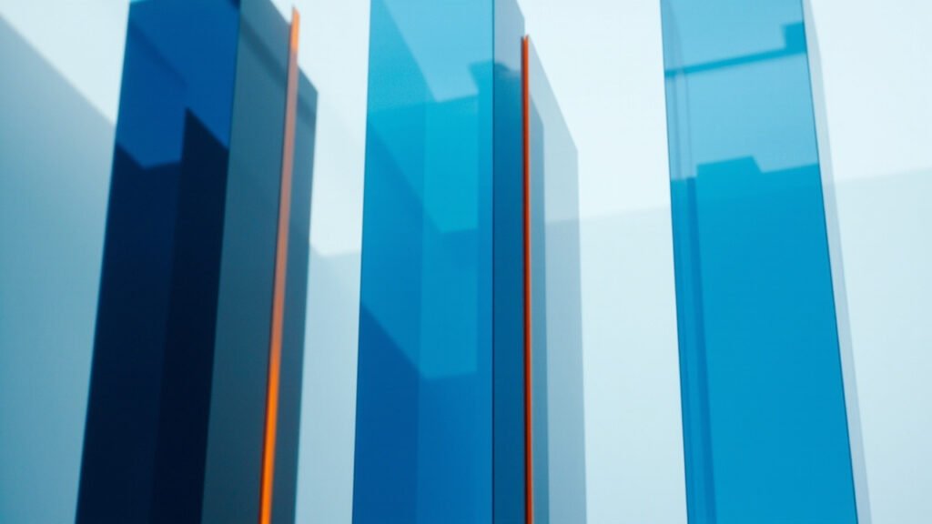 Tall translucent navy and blue vertical blocks with a thin orange accent line suggesting accelerating growth