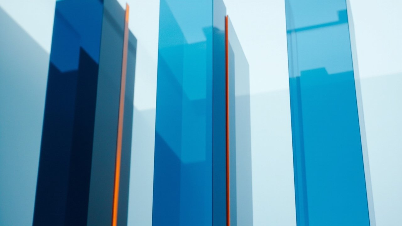 Tall translucent navy and blue vertical blocks with a thin orange accent line suggesting accelerating growth