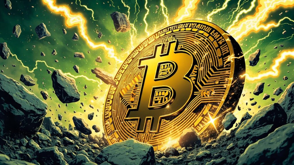 DC comic style illustration of a giant Bitcoin on a Wall Street scale being weighed by ETF outflow arrows, halftone shading