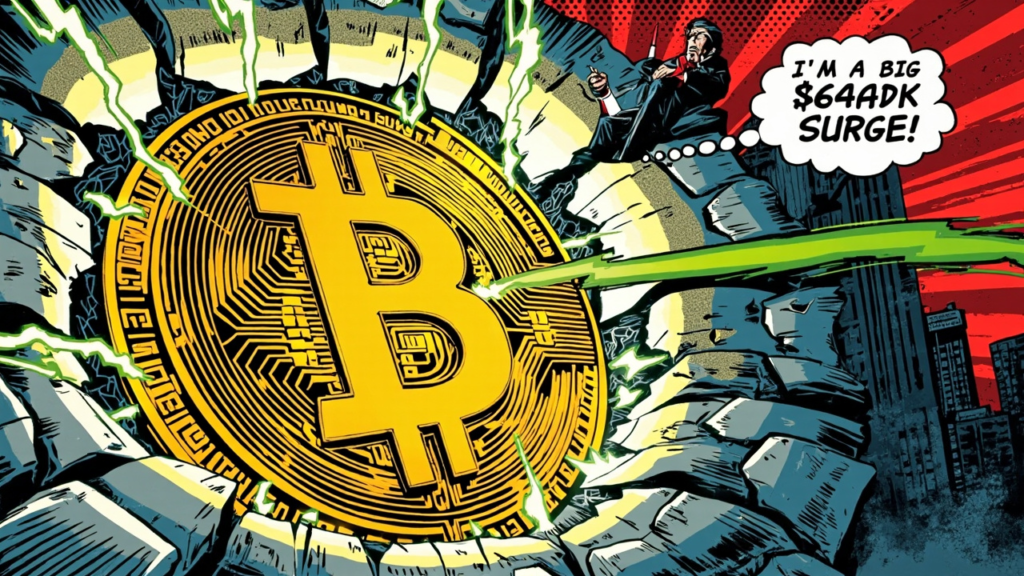 Bitcoin $64K hero shot: a massive golden Bitcoin coin with Trump silhouette and a roaring bull market, comic style