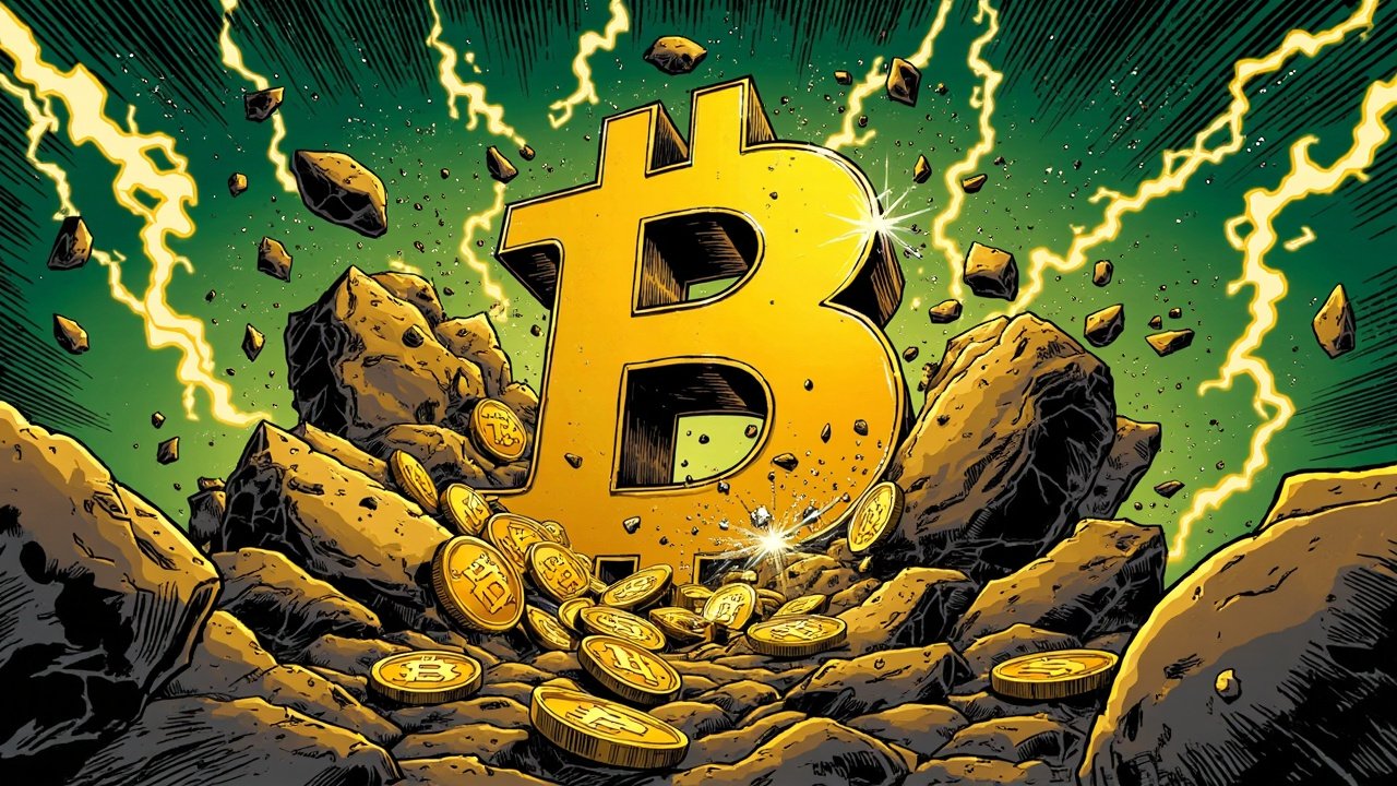 DC comic style illustration of a golden Bitcoin symbol cracking through stone with lightning, representing Bitcoin's worst monthly decline since June 2022