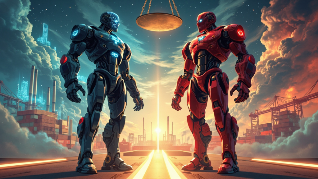 Two humanoid robots facing each other on a glowing platform with a balance scale above.