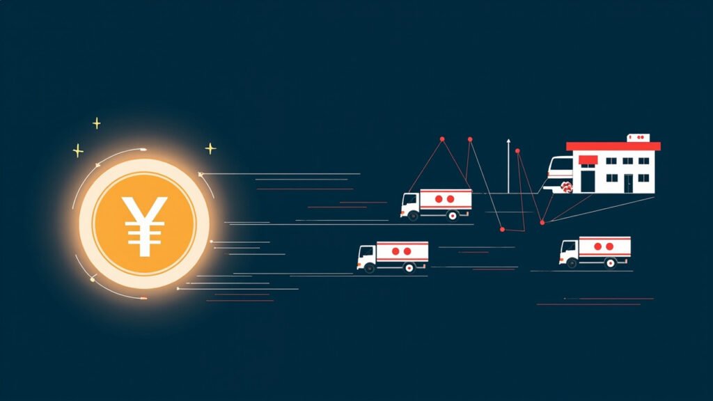 Yen-backed JPYC stablecoin payment flowing through a logistics network of delivery partners.