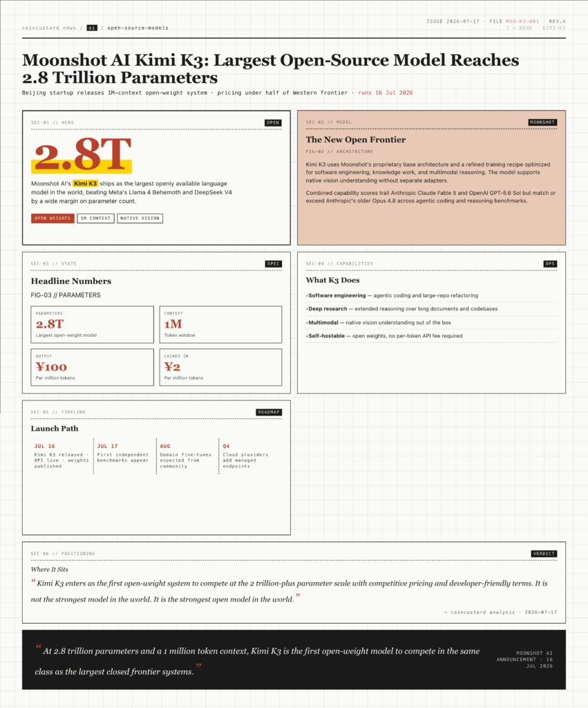 Moonshot AI Kimi K3 2.8T parameter open-source model comparison infographic