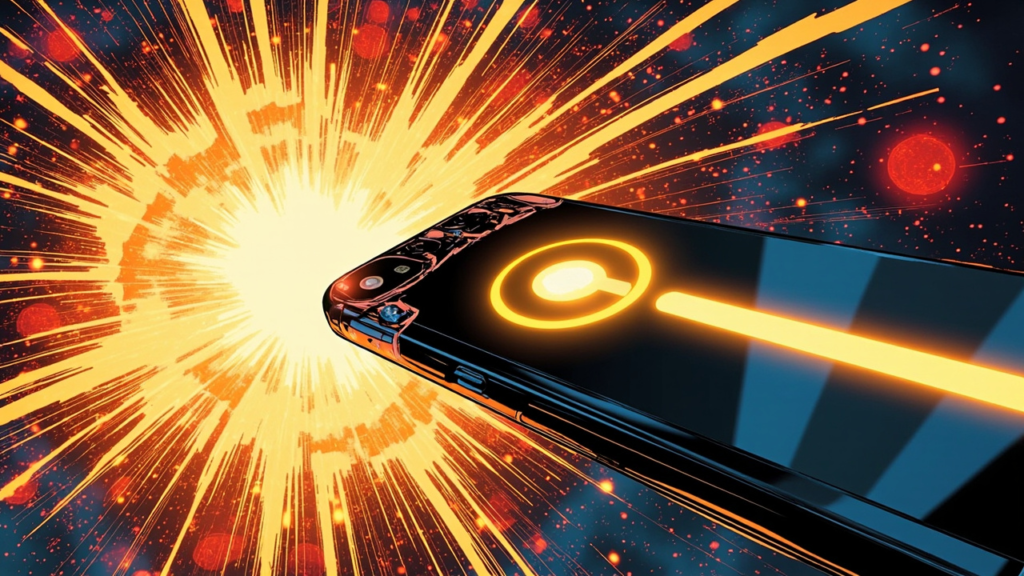 Futuristic smartphone with glowing gold circular Pixel Glow light embedded in the camera bar, radiating multicolor beams