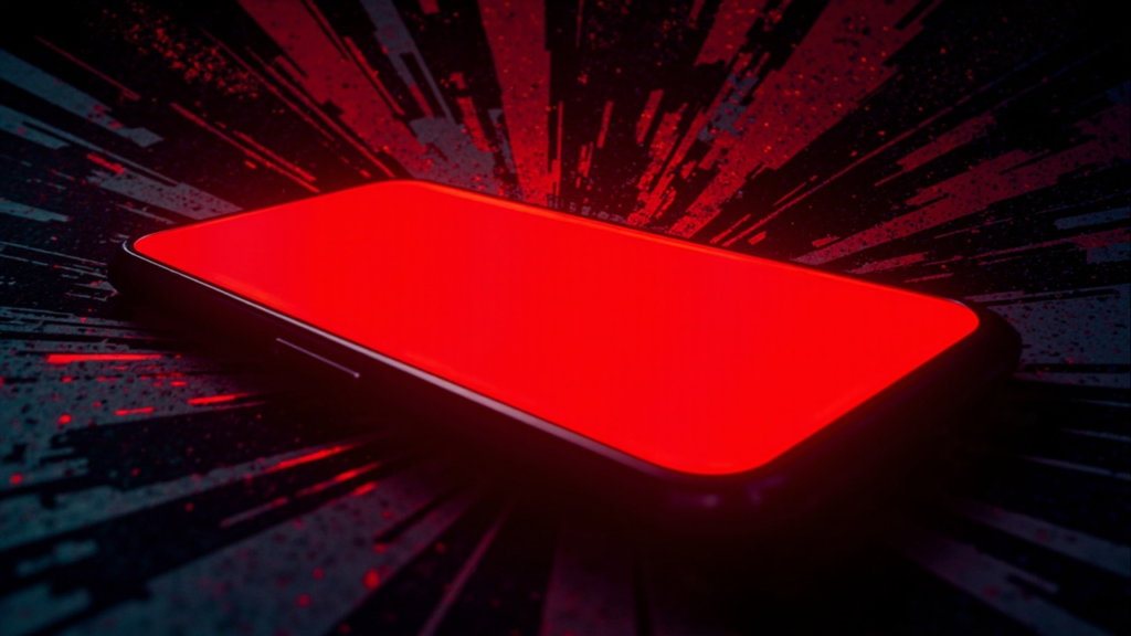 DC comic style illustration of a smartphone with a glowing red screen, representing the Samsung Galaxy S26 Ultra display issue