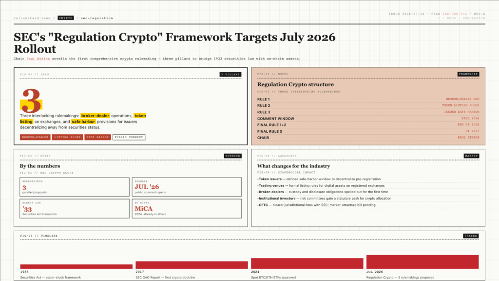 Open-design infographic: SEC Regulation Crypto framework July 2026 with three pillars - broker-dealers, token listings, and safe harbor provisions.