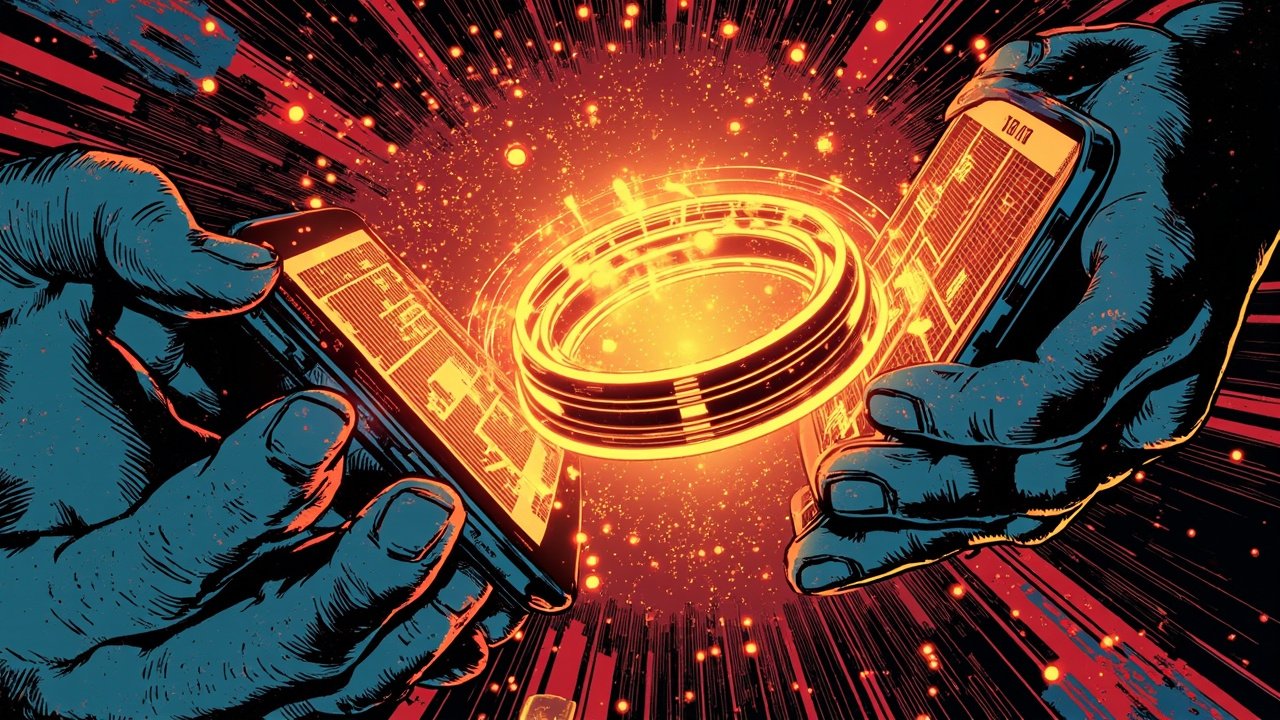 DC comic style illustration of a glowing Galaxy Ring 2 connecting an iPhone and a Galaxy phone, dramatic cel-shaded lighting