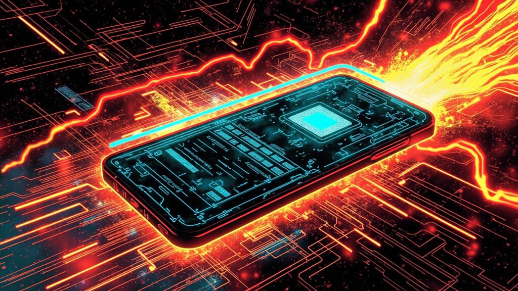 DC comic style illustration of a futuristic smartphone with holographic UI and microchip, representing Etched's purpose-built AI chip for transformer workloads