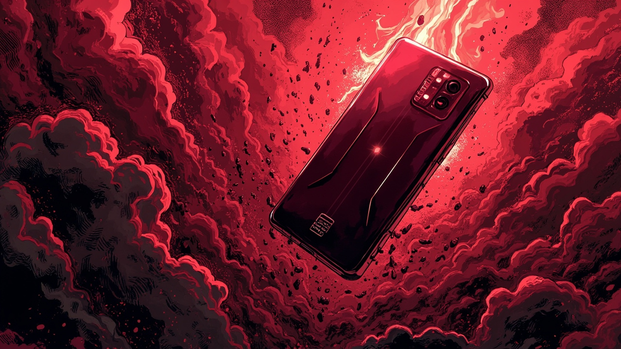 DC comic style illustration of the iPhone 18 Pro Max in dark cherry with battery and camera callouts