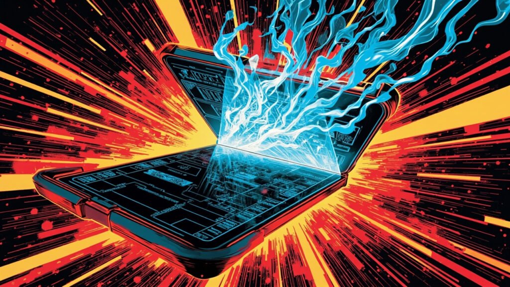 DC comic book style illustration of a futuristic foldable smartphone with holographic UI and circuit board patterns exploding outward