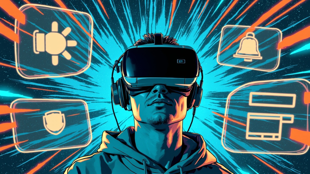 Comic-style hero image of a VR user controlling a futuristic dashboard with battery and brightness symbols