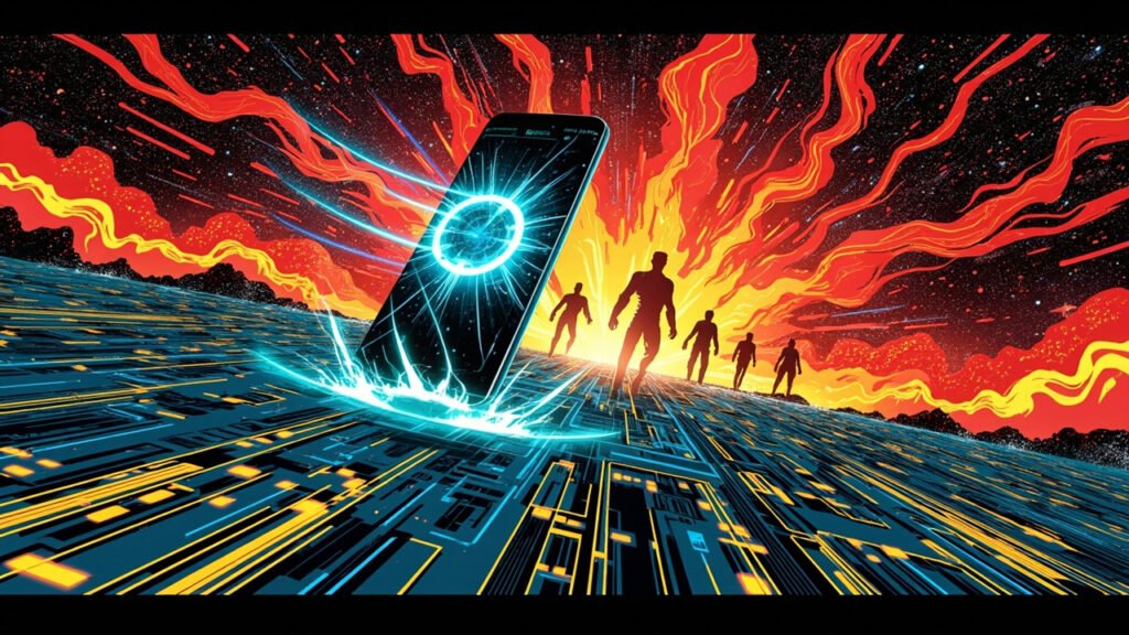 DC comic book hero illustration of a sleek futuristic foldable iPhone with holographic UI floating above a city of circuit boards, with five glowing iPhone silhouettes in the background, dynamic perspective
