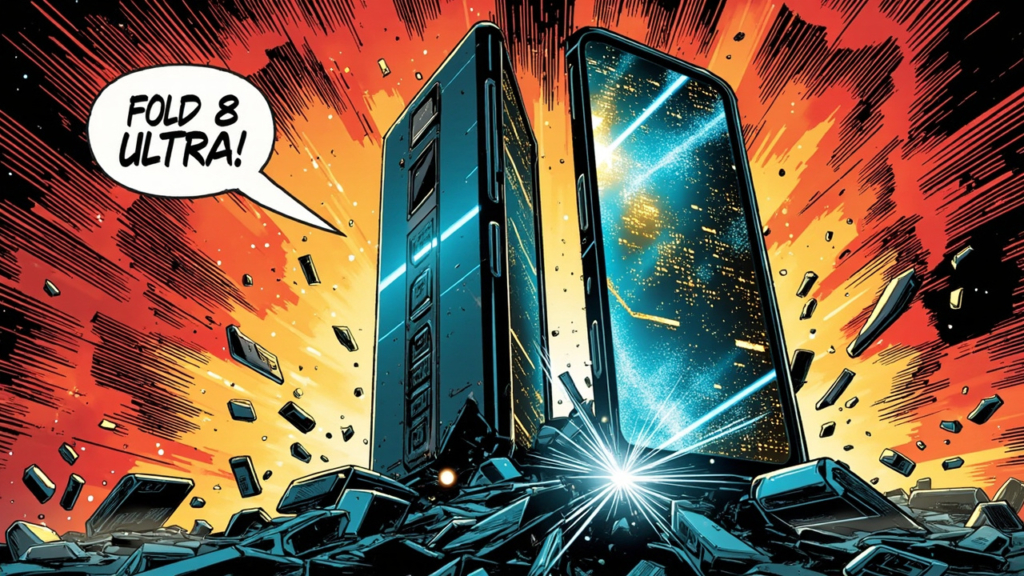 DC comic style hero illustration of the Samsung Galaxy Z Fold 8 Ultra foldable phone with bold outlines, dramatic lighting, and a 'FOLD 8 ULTRA!' speech bubble - smaller foldable phones shattered at the base