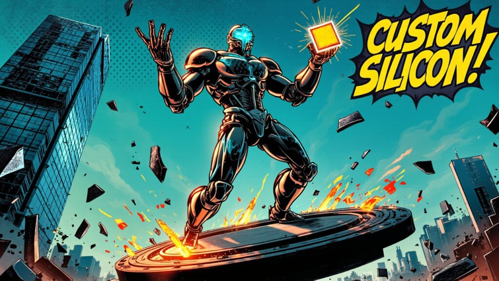 DC comic style illustration of a humanoid AI robot standing on a giant Samsung semiconductor wafer, holding a custom chip, with Nvidia silhouette cracking in the background.