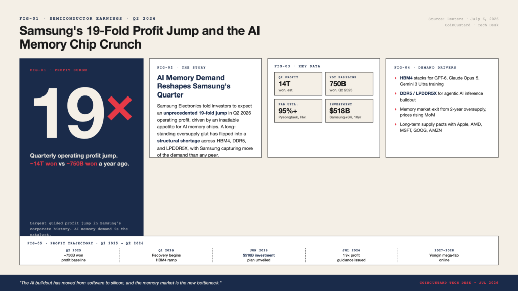 Open-design bento infographic of Samsung's 19x profit jump driven by AI memory demand and chip crunch
