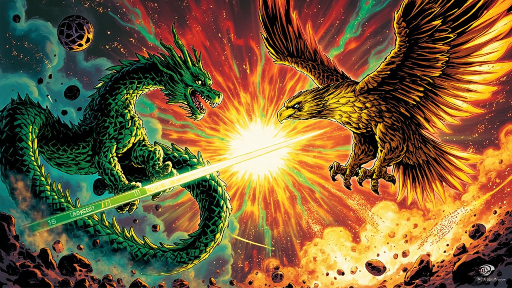 DC comic style battle scene: a green Chinese dragon facing off against a golden American eagle in a silicon factory with sparks and explosions